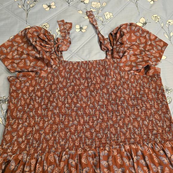 Ivy City Co Plus Sz 4X Butterfly Smocked Sundress Puff Sleeve Brown Cottagecore - Picture 8 of 11